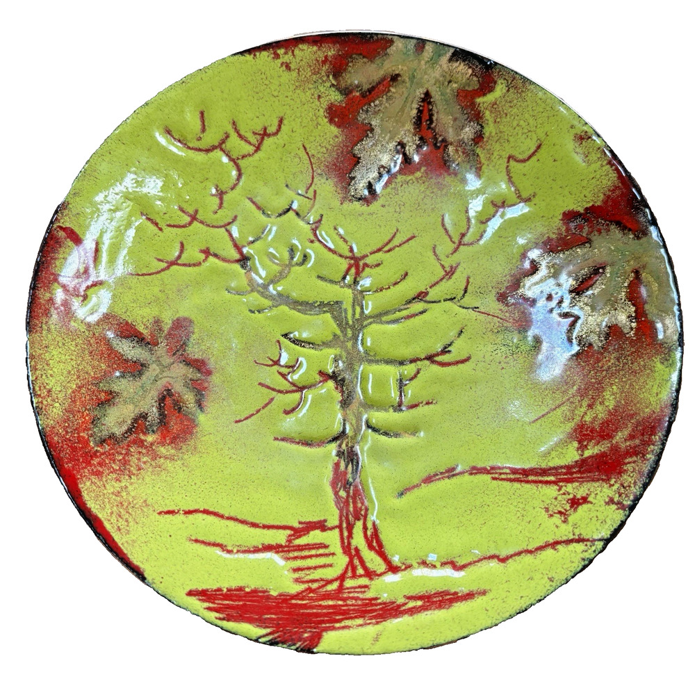 Vintage Mid-Century Enamel on Copper 8" Round Dish Green Red Tree & Leaf Motif